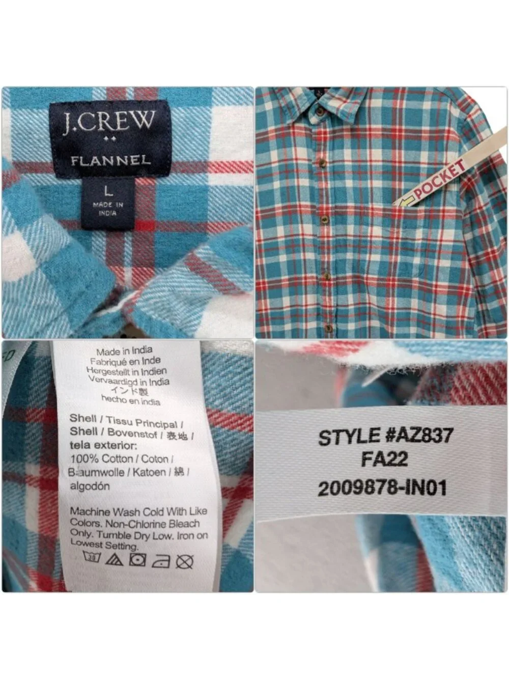 J.CREW Plaid Flannel Shirt Mens Aqua Blue Red Long Sleeve Button Down Size L
